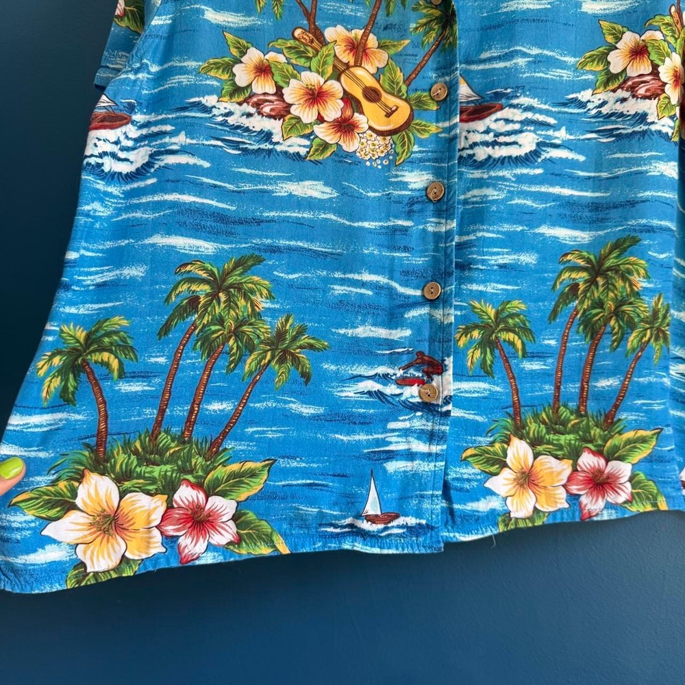 Vintage Hawaiian Shirt Women's Size Medium Gloria Vanderbilt Blue Palm Tree - Picture 4 of 8